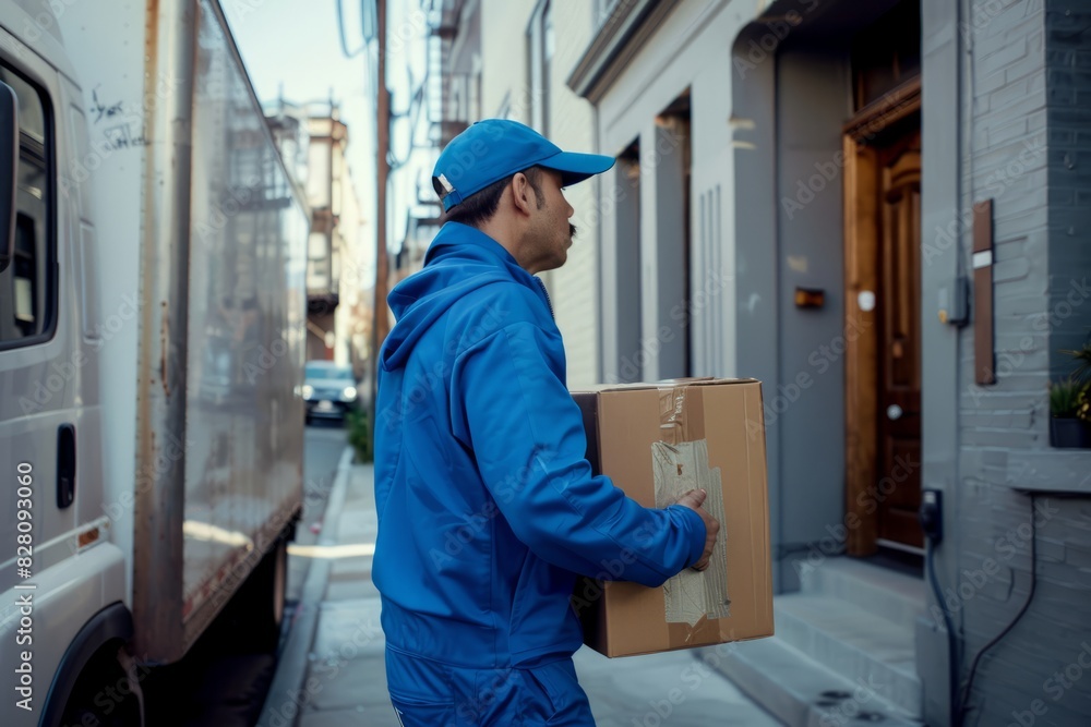 A happy young male Courier in a blue uniform, carrying a box, stood next to a white truck A happy young male Courier in a blue uniform, carrying a box, stood next to a white truck