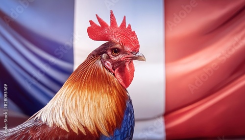 French Rooster in Front of National Flag photo