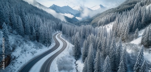 An aerial perspective of a snowy mountain pass road with sharp turns and tall evergreen trees covered in snow 32k, full ultra hd, high resolution photo