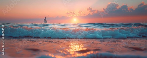 Sunset over a tranquil beach, gentle waves lapping at the shore, sky ablaze with fiery colors, a lone sailboat on the horizon