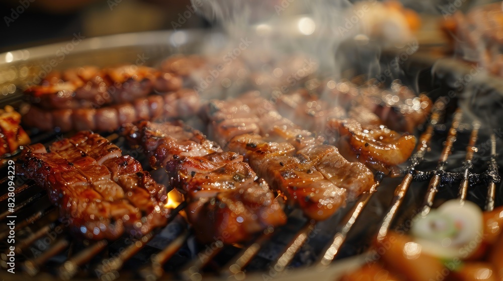 Grilled meats searing on the barbecue and ingredients simmering in the hot pot, a feast for the senses. Grilled meats searing on the barbecue and ingredients simmering in the hot pot, a feast for the senses.