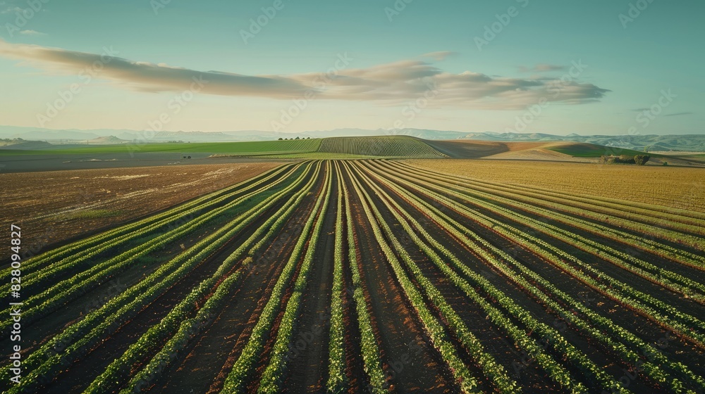 High-angle perspective of a sprawling agricultural field, with rows of crops stretching into the distance. High-angle perspective of a sprawling agricultural field, with rows of crops stretching into the distance.