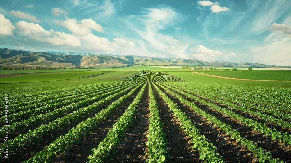 High-angle perspective of a sprawling agricultural field, with rows of crops stretching into the distance.