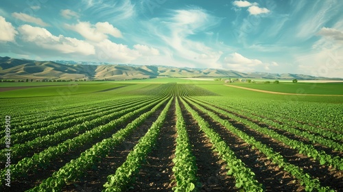 High-angle perspective of a sprawling agricultural field  with rows of crops stretching into the distance.