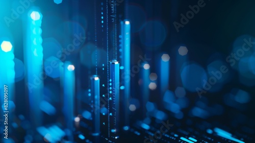 stock market background with rising bar graph, blue color theme, minimalistic style, blurred and bokeh effect, dark blue gradient in the backgroun, low angle view, high resolution photography 