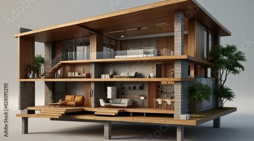 Modern home cross section, 3d rendering minimalist © De Lune Studio