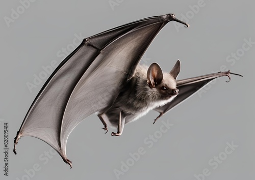 Flying bat isolated against a black background. The grey long-eared bat (Plecotus austriacus) is a relatively large European bat known for its distinctive long, folded ears. It hunts above woodlands.