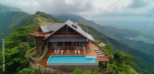 An aerial view of a luxury cabin with a rooftop swimming pool  located on the summit of a green mountain  surrounded by stunning natural beauty 32k  full ultra hd  high resolution