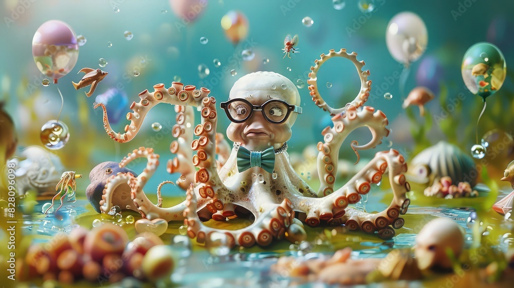 A charming 3D-rendered octopus wearing glasses and a bow tie, at a small underwater party with other sea creature friends, surrounded by tiny floating balloons. A charming 3D-rendered octopus wearing glasses and a bow tie, at a small underwater party with other sea creature friends, surrounded by tiny floating balloons.