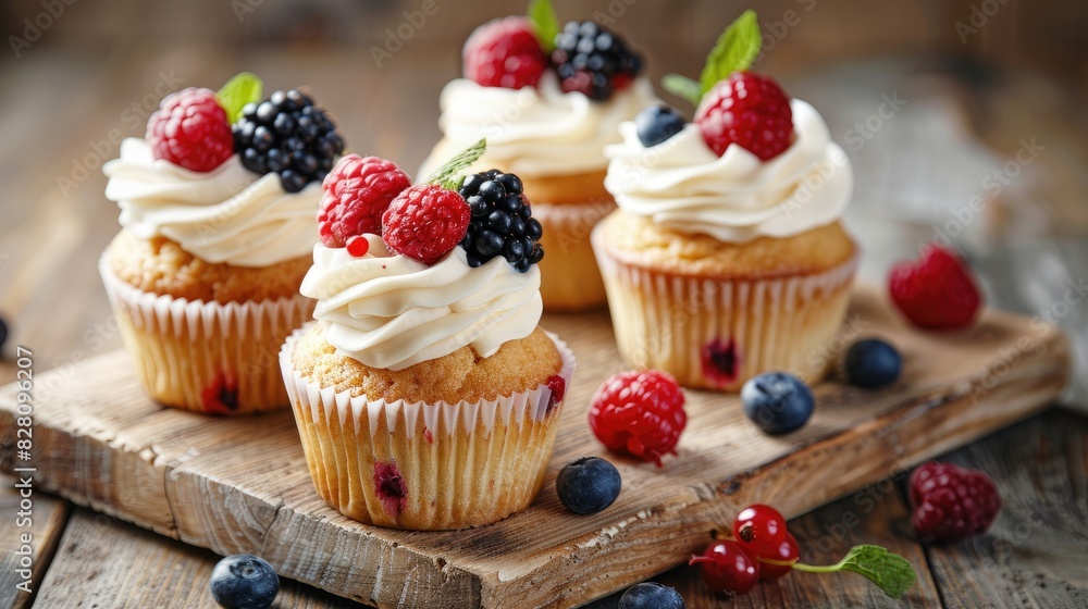 Mouthwatering cupcakes topped with fresh berries and whipped cream, presented on a rustic wooden serving board. Mouthwatering cupcakes topped with fresh berries and whipped cream, presented on a rustic wooden serving board.