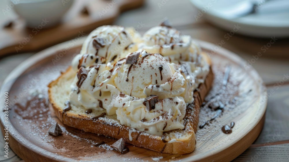 Mouthwatering ice cream atop a slice of bread, creating a satisfying dessert that's both creamy and satisfying. Mouthwatering ice cream atop a slice of bread, creating a satisfying dessert that's both creamy and satisfying.