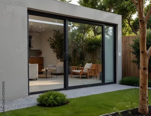 slide glass door with small garden landscaping in front of a new house
