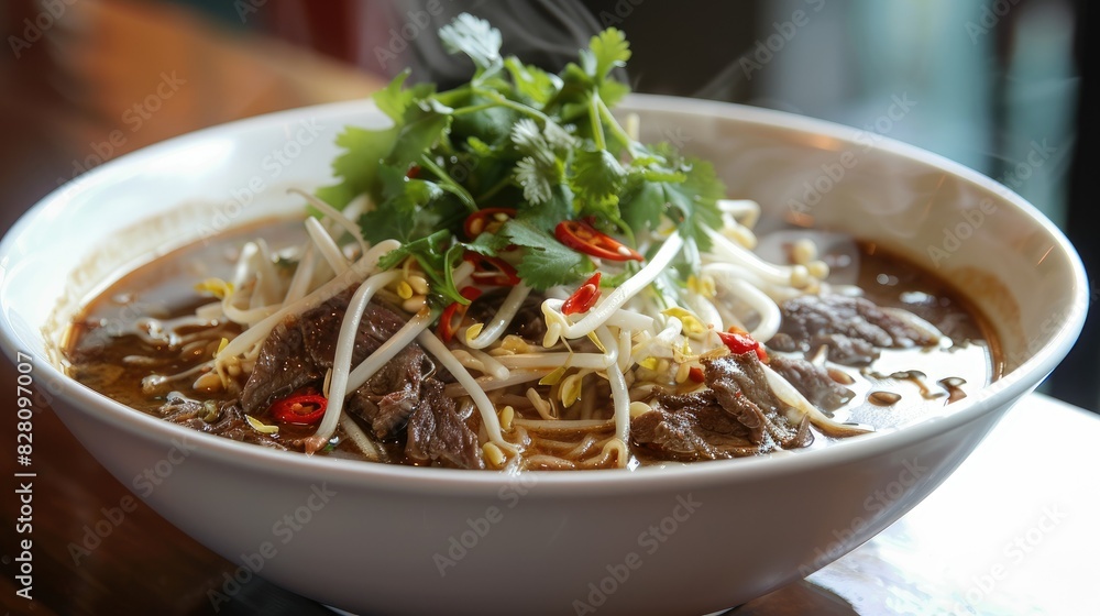 Steaming Guay Teow Nam Tok noodles with beef and rich broth, garnished with bean sprouts, chili flakes, and cilantro. Steaming Guay Teow Nam Tok noodles with beef and rich broth, garnished with bean sprouts, chili flakes, and cilantro.