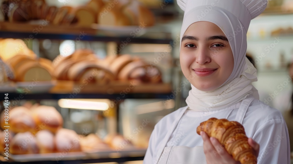 A pretty female baker in uniform was standing behind a table, holding a croissant, smiling at the camera, A pretty female baker in uniform was standing behind a table, holding a croissant, smiling at the camera,