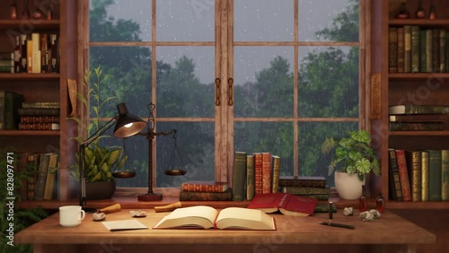雨の日の仕事部屋, 雨の日の書斎, 窓から眺める雨, 梅雨, ループ, シームレス