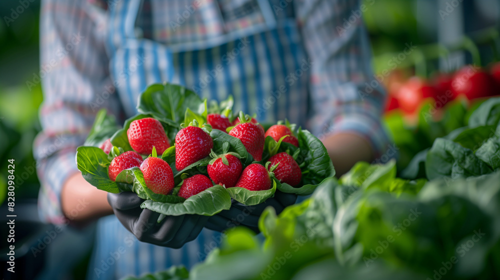 Closeup of Hands in White Gloves Holding Fresh Strawberries with Agricultural Scientist in the Background, Symbolizing Modern Aquaculture Food Production Closeup of Hands in White Gloves Holding Fresh Strawberries with Agricultural Scientist in the Background, Symbolizing Modern Aquaculture Food Production