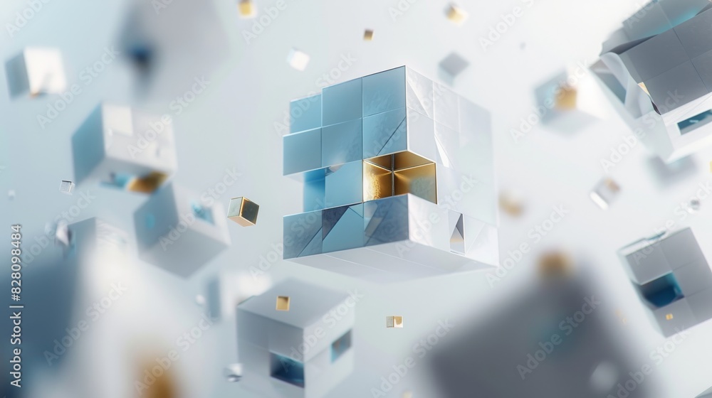 A white cube with gold and blue details is floating in the air, surrounded by other cubes of different sizes made from silver foil paper. The background color should be pure white, and there must not A white cube with gold and blue details is floating in the air, surrounded by other cubes of different sizes made from silver foil paper. The background color should be pure white, and there must not