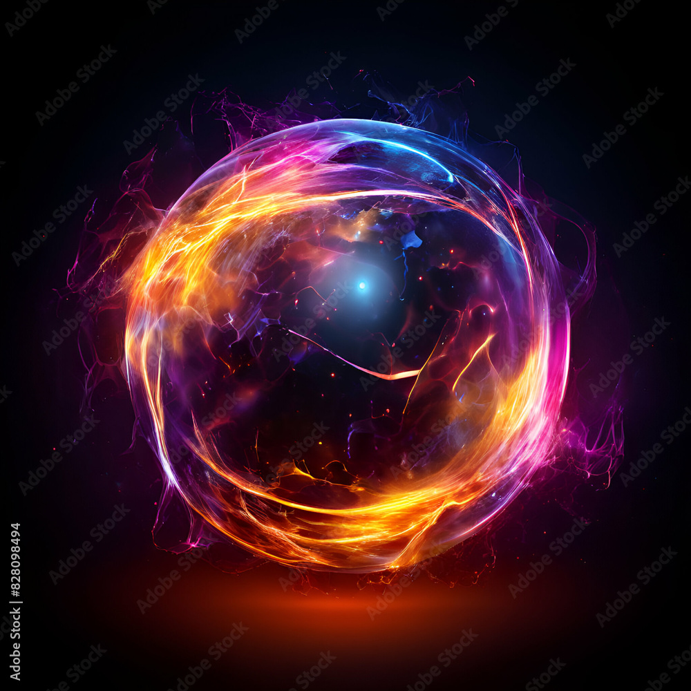 Abstract neon energy sphere of particles and waves of magical glowing on a dark background Abstract neon energy sphere of particles and waves of magical glowing on a dark background