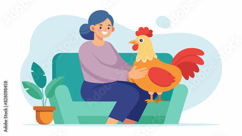 A therapy chicken perches on a residents lap as they stroke its soft feathers enjoying the feeling of calm and serenity it brings.. Vector illustration © Justlight