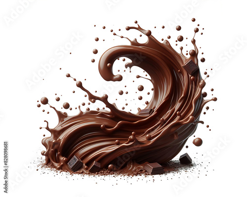 Dark brown Chocolate or cocoa liquid swirl splash with little foundation bubbles isolated on white background, liquid fluid element flowing in form of wave,png