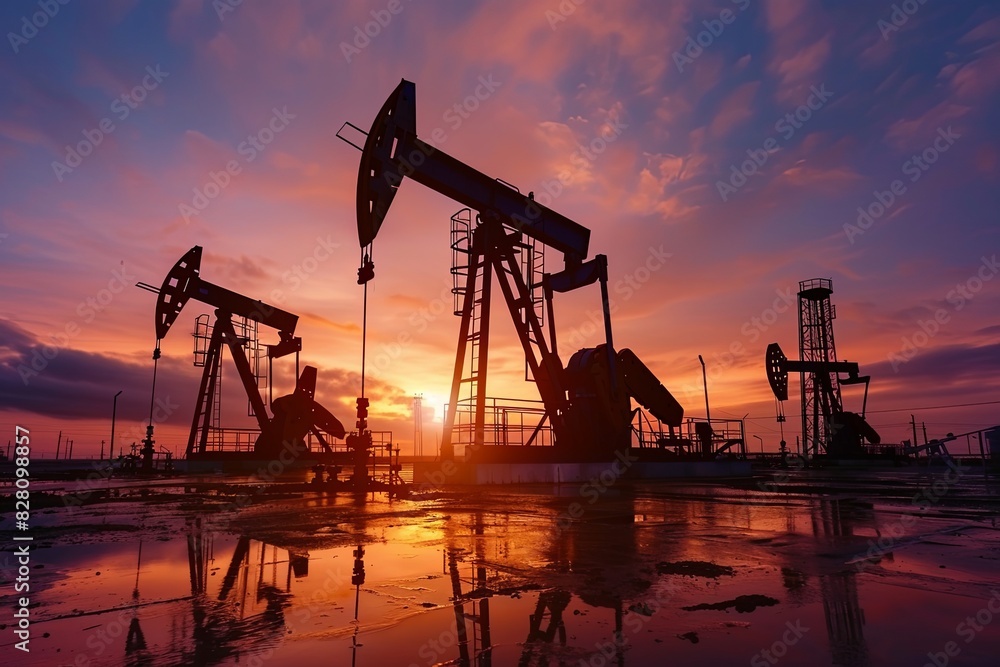 Oil pumps are silhouetted against the setting sun in an oil field