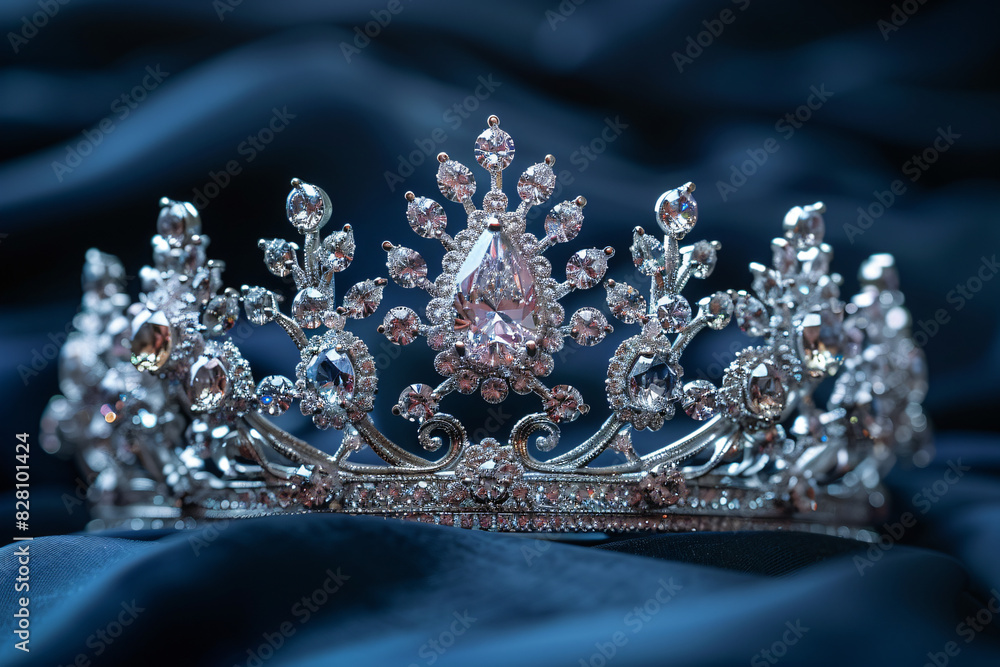 Diamond Silver Crown for Miss Beauty Pageant, Crystal Tiara decoration decorated with gemstones stone and abstract dark background on black velvet cloth fabric Diamond Silver Crown for Miss Beauty Pageant, Crystal Tiara decoration decorated with gemstones stone and abstract dark background on black velvet cloth fabric