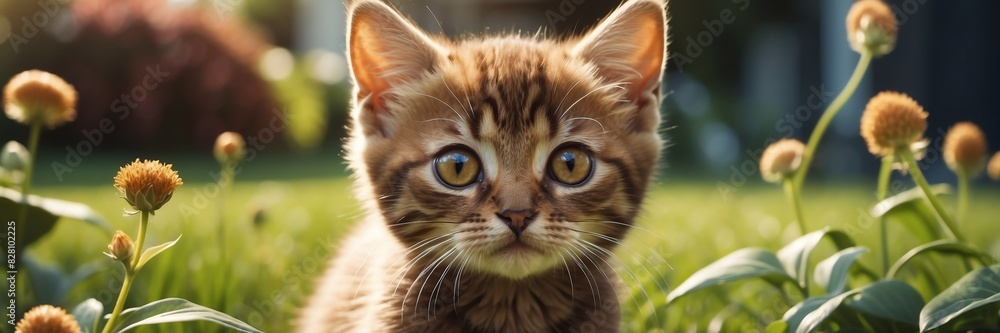 portrait of a brown kitten on garden yard background banner portrait of a brown kitten on garden yard background banner