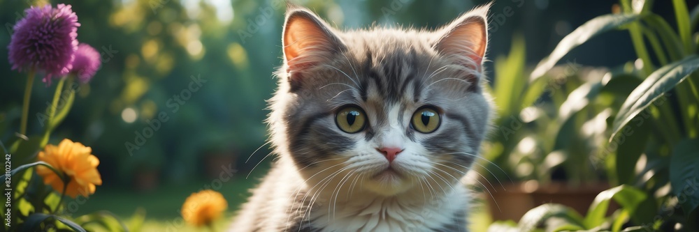 portrait of a fat kitten on garden yard background banner
