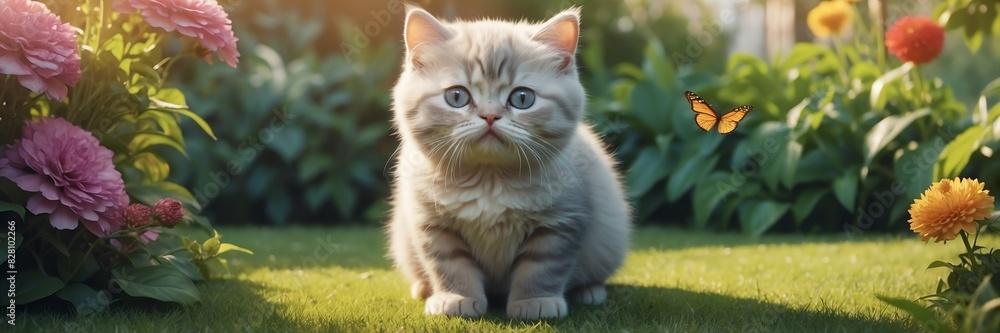portrait of a fat kitten on garden yard background banner
