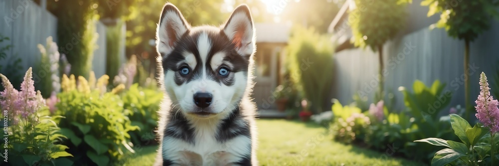 portrait of a husky puppy on garden yard background banner portrait of a husky puppy on garden yard background banner