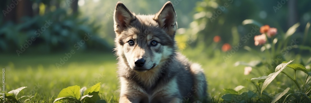 portrait of a wolf puppy on garden yard background banner portrait of a wolf puppy on garden yard background banner