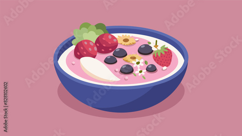 A refreshing smoothie bowl topped with seasonal berries coconut flakes and granola.. Vector illustration