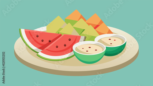 Keep it light and refreshing with this brunch grazing platter filled with juicy watermelon tangy hummus and delicate lavash crackers.. Vector illustration