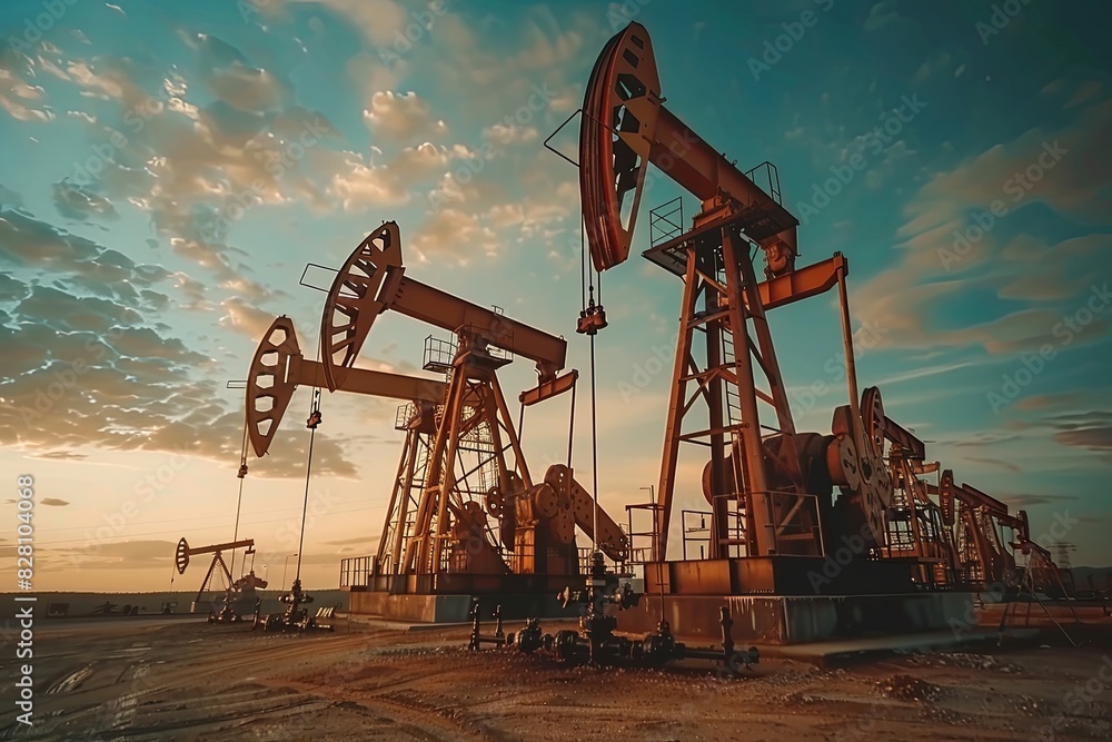 Several oil pumps are operating in a dirt field, extracting oil from the ground and contributing to the energy production process