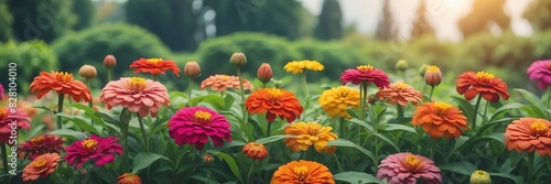 zinnia flowers on garden yard background banner