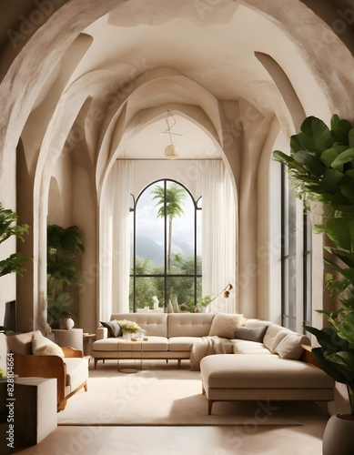 Extremely lifelike image of a modern take on a little apartment with circular arches, white cream stone, light wood interior, and tropical greenery, inspired by Rivendell and Lothlorien photo