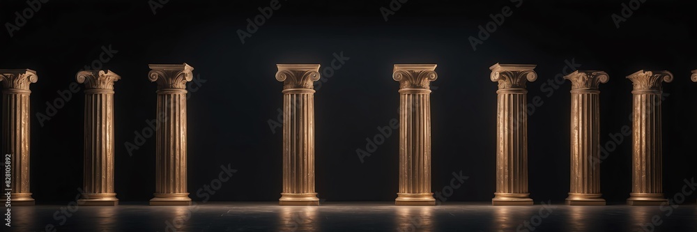 Fototapeta premium bronze roman greek columns lighting on plain black background banner copyspace