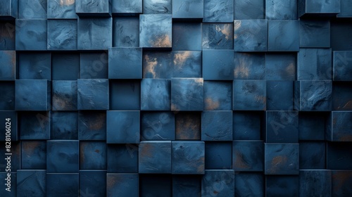 Blue abstract, wallpaper, monochrome design, neat symmetrical pattern, parallelogram tiles, right lower third lighting. photo