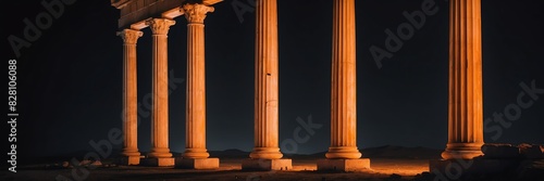 roman greek columns with orange lighting on plain black background banner copyspace