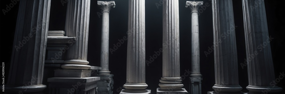silver roman greek columns lighting on plain black background banner copyspace silver roman greek columns lighting on plain black background banner copyspace
