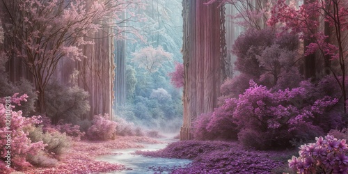 Blooming abandoned gardens of Babylon in a light morning haze with the remains of ancient architecture