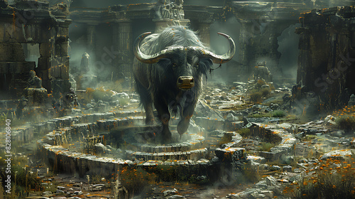 illustration of a mythical creature known as a minotaur with the body of a human and the head of a bull guarding a labyrinthine maze filled with deadly traps and hidden treasures photo