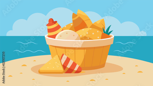 Indulge in the ultimate beach day snack basket featuring buttery croissants creamy cheese cubes and crispy pita chips.. Vector illustration