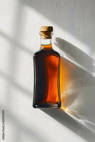 Amber bottle of Disaronno syrup with cork on table photo