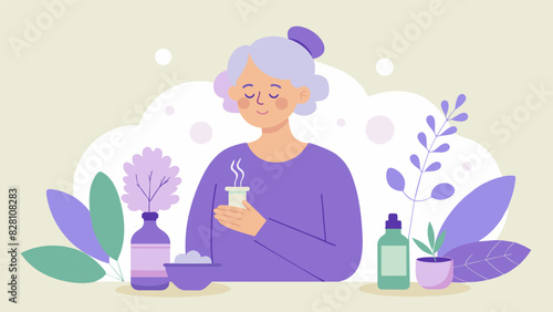 A relaxing aromatherapy session with scents like lavender and eucalyptus known for their calming and healing properties for seniors.. Vector illustration