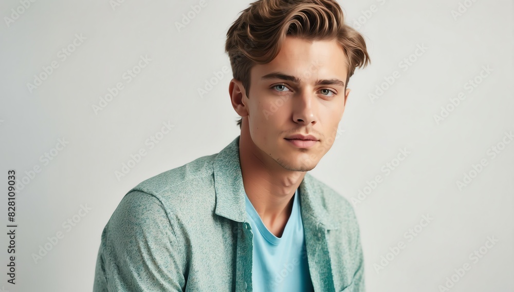 Fototapeta premium handsome young caucasian guy on summer outfit fashion style on plain bright studio background