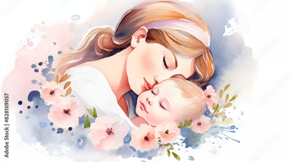 A mother's gentle embrace with her sleeping baby surrounded by flowers A mother's gentle embrace with her sleeping baby surrounded by flowers