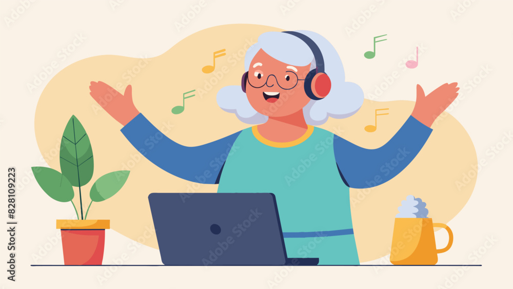 An elderly woman with headphones on singing along to choir recordings at home as a way to continue her lung exercises and stay connected to the group.. Vector illustration An elderly woman with headphones on singing along to choir recordings at home as a way to continue her lung exercises and stay connected to the group.. Vector illustration