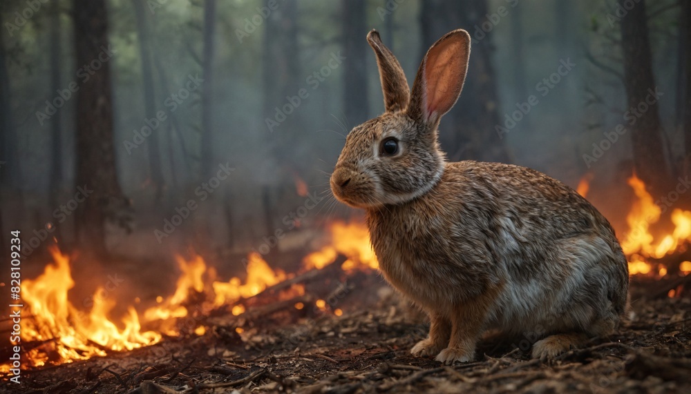 A poor little rabbit is trying to escape from a burning forest. A mournful look pierces the viewer in a plea not to make fires in the forests. A poor little rabbit is trying to escape from a burning forest. A mournful look pierces the viewer in a plea not to make fires in the forests.