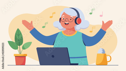 An elderly woman with headphones on singing along to choir recordings at home as a way to continue her lung exercises and stay connected to the group.. Vector illustration